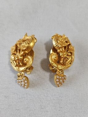 Kirks Folly Gold Floral Clip-On Earrings with Pearl Heart Drops